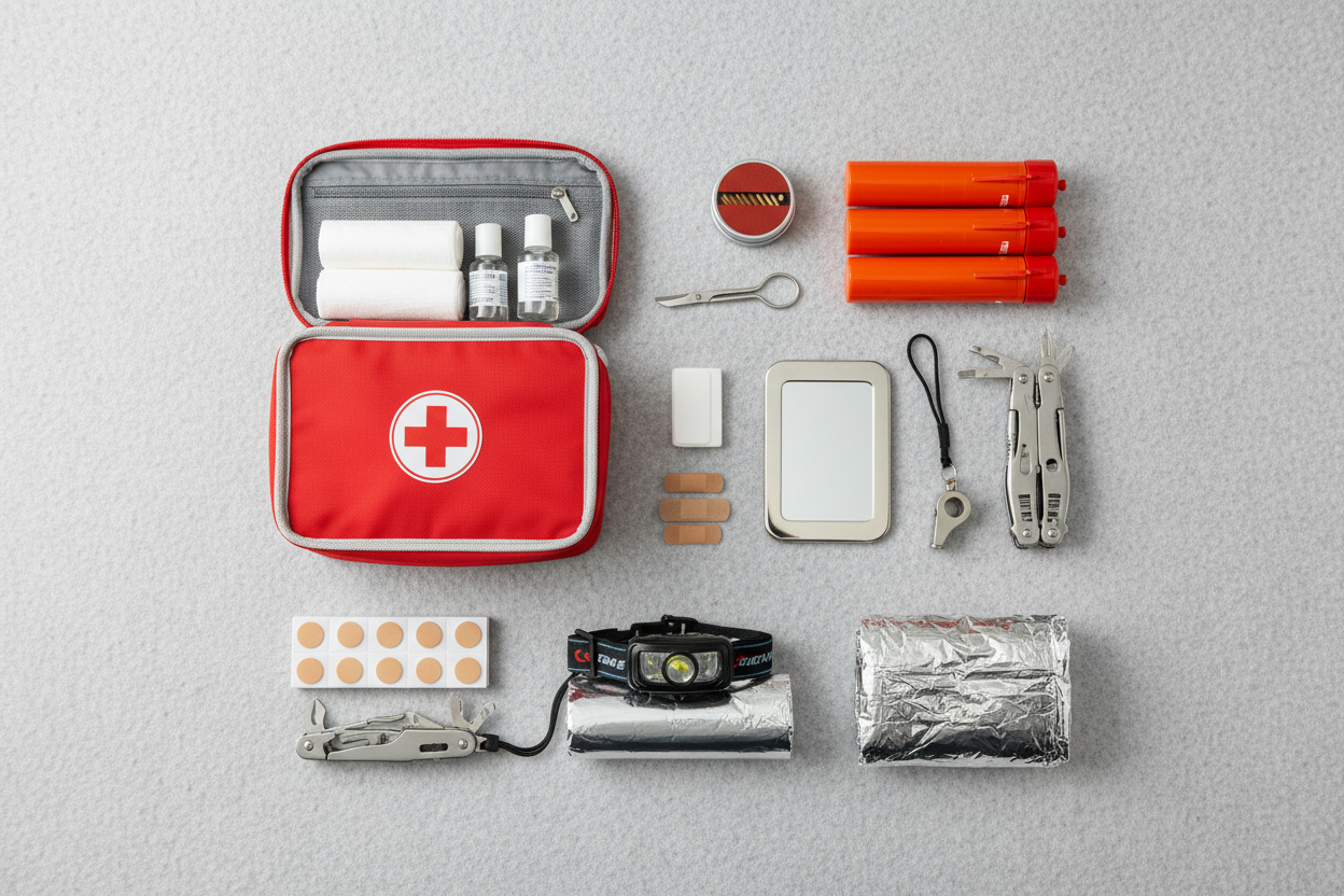 Kit Sobrevivência, primeiros socorros, sinalizadores